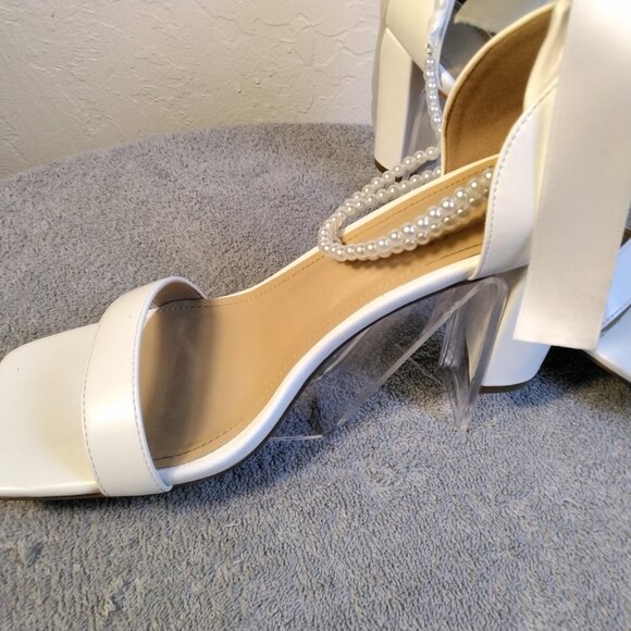 Adorose White Satin Heels Block with Pearl Ankle Straps Size 10 with Bow Bridal - Picture 10 of 14